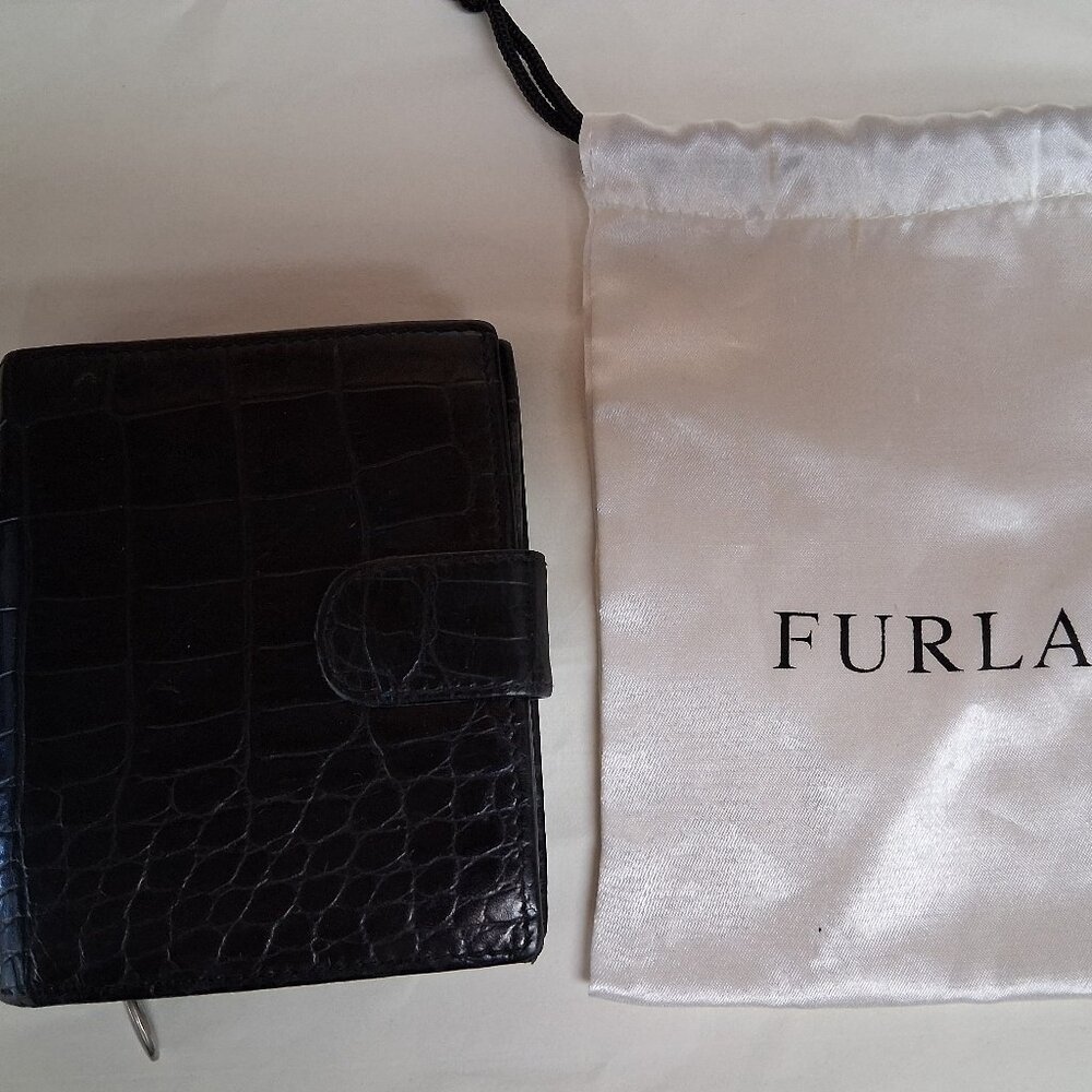 FURLA Onyx Black Crocodile Embossed Leather Bi-fold Flap Wallet